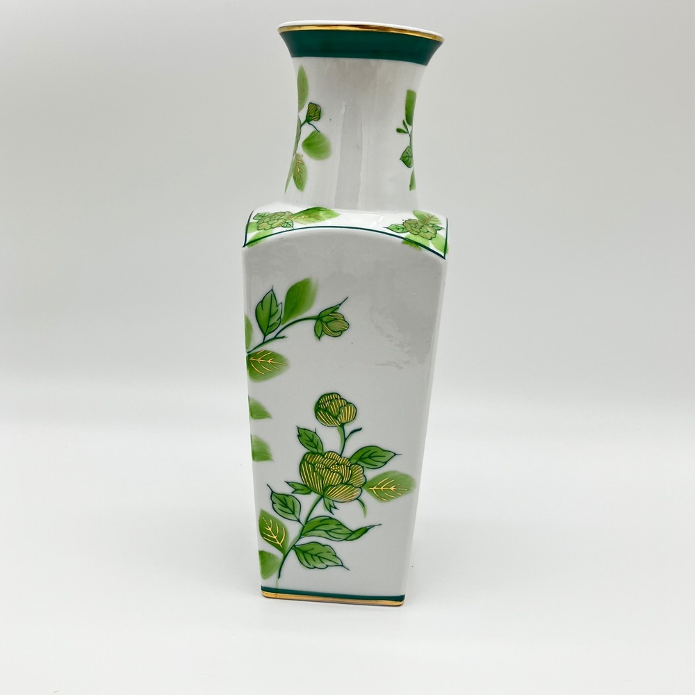 Vintage Japanese Porcelain Square Vase 12.25in Green Gold Peony Hand Painted